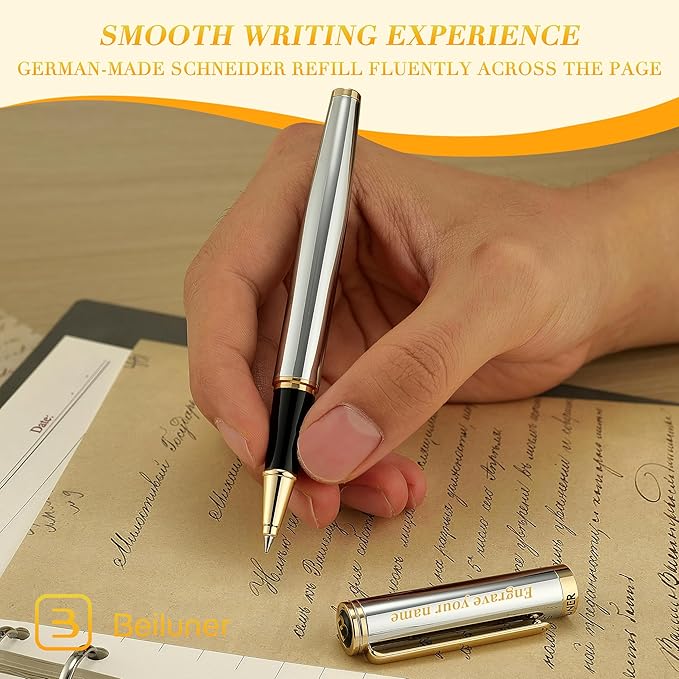 BEILUNER Silver Chrome Personalized Pen, Stunning Luxury with 24K Gold Finish,Noble and Elegant Designs,Schneider Ink Refill, Best Gift Pen for Men & Women, Graduation, Executive Office, Fancy Pens