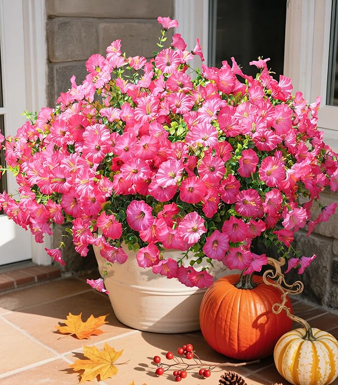 Artificial Flowers Fake Plants for Outdoors Decoration, 12 Bundles Pink Silk Morning Glory with Eucalyptus Realistic UV Resistant Faux Flowers Greenery for Outside Planter Yard Garden Home Indoor