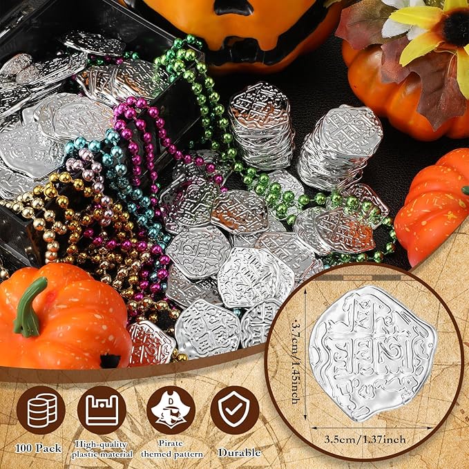 Hanaive 100 Pcs Pirate Coins Plastic Kids Fake Play Coins Replica Spanish Doubloons for Pirate Party Treasure Chest Board Games Tokens Toys Cosplay St. Patrick's(Silver)
