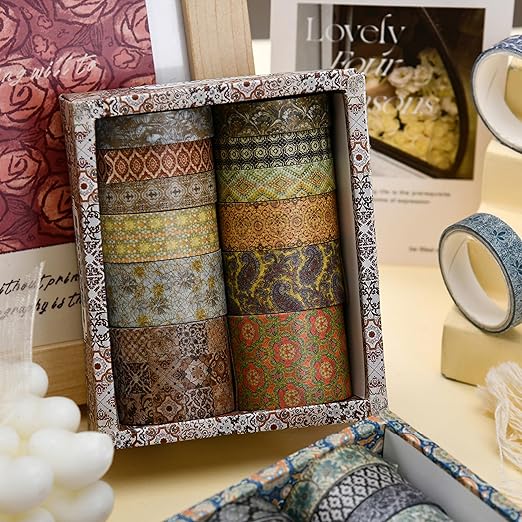 12 Rolls Exotic Charm Washi Tape Set Floral Arts Adhesive Tapes Geometric Garden Decorative Masking Tape Sets for Craft, Kids, Scrapbook, DIY, Gift Wrapping (Gilded Radiance)