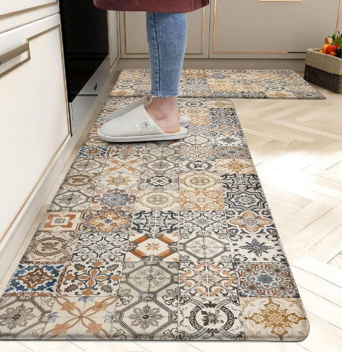 Boho Kitchen Rugs Set 2 Memory Foam Colorful Ceramic Comfort Tile Floor Mat Anti Fatigue Non-Skid PVC Runner Rug Water & Oil Proof Carpet for Kitchen Laundry Sink,17.3x28+17.3x47 Inch, C3