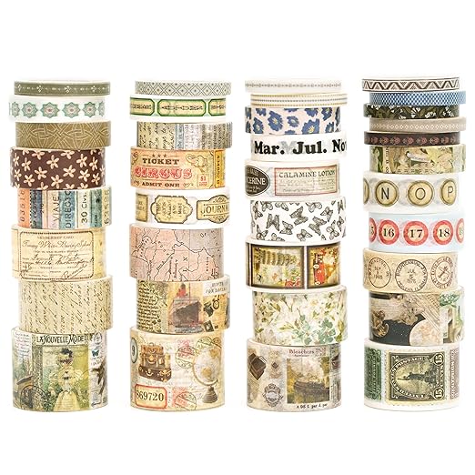 36 Rolls Vintage Washi Tape Pack Retro Arts Adhesive Tapes Wide Chronicle Decorative Masking Tape Sets for Craft, Kids, Scrapbook, DIY, Gift Wrapping (Globetrotting)