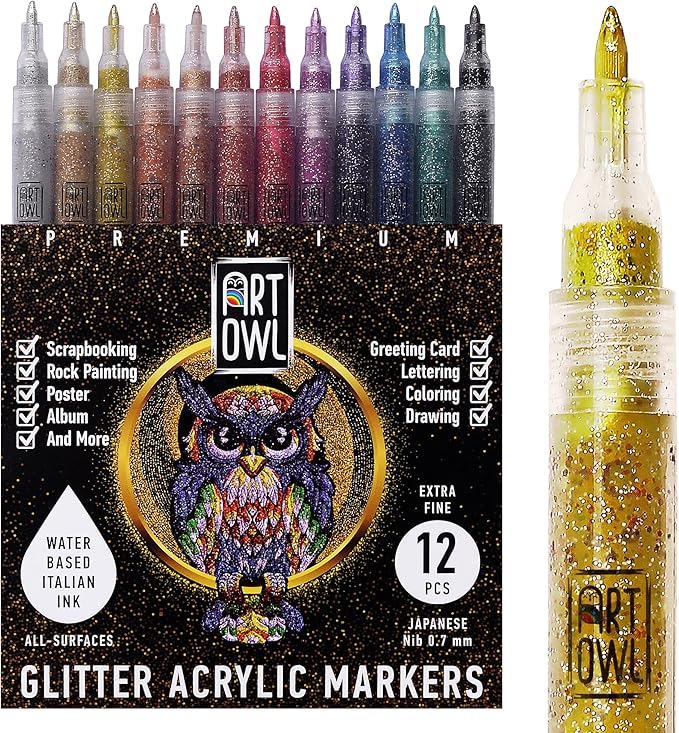 Acrylic Glitter Paint Marker Pens, Ultra Fine Point 0.7mm - Sparkle Paint Pens for Rock Painting, Stone, Ceramic Glass, Wood, Card Stock, Canvas, DIY Crafts - Set of 12