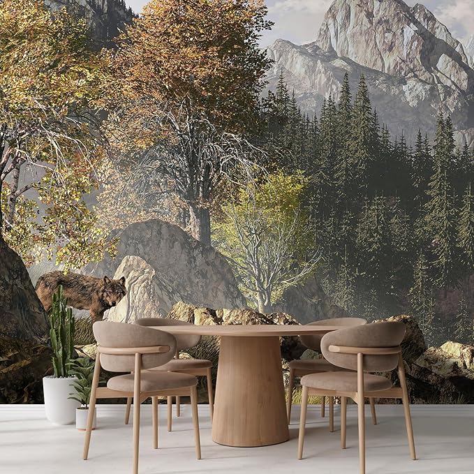 wall26 Wall Sticker/Wall Mural Wolf Near a Lake in a Rocky Mountain Landscape, Not Peel and Stick, Non-Woven Wallpaper Decorative for Bedroom, Living Room, Office - 96x120 inches