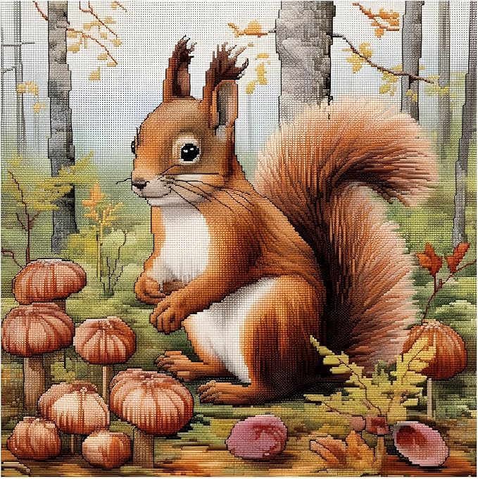 51buyoutgo 11CT Stamped Cross Stitch Kits for Adults - 14x14 in Beginner Embroidery Kit with Funny Easy Washable Animal Squirrel Pattern, Pre Printed Fabric, Fit for DIY Home Decor & Mom Gifts