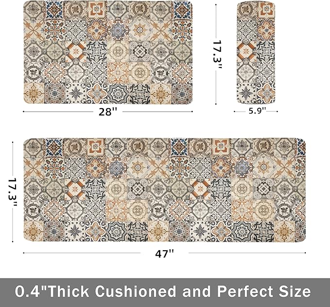 Boho Kitchen Rugs Set 2 Memory Foam Colorful Ceramic Comfort Tile Floor Mat Anti Fatigue Non-Skid PVC Runner Rug Water & Oil Proof Carpet for Kitchen Laundry Sink,17.3x28+17.3x47 Inch, C3