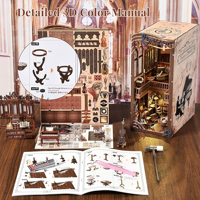 Book Nook Kit Music, DIY Miniature House Kit Book Nook, 3D Wooden Puzzle Bookshelf Insert Diorama Kit with Led Light for Teens and Adults (Timeless Melody)