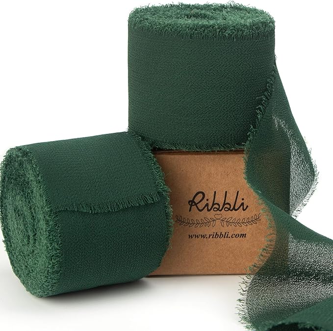Ribbli Forest Green Chiffon Ribbon 1-1/2 inch x 20 Yard Handmade Fringe Chiffon Silk Ribbon,Black Ribbon for Wedding Invitations, Bridal Bouquets Wrapping, Flower Arrangement Decoration