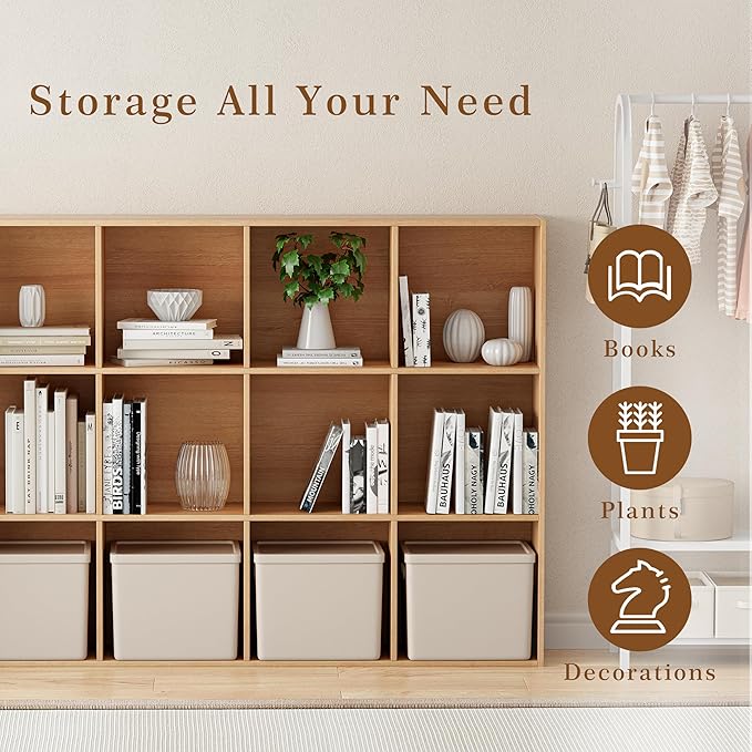 Wooden Cube Storage Organizer with Closed Back Panel, 11in Cube Shelf Opening, Bookshelf, Display Shelf,Closet Cabinet for Home and Office (Natural Oak, 12-Cube 35.98L*9.45W*47.72H)