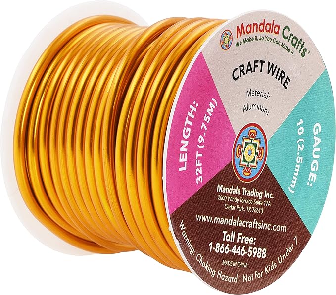 Mandala Crafts 10 Gauge Anodized Aluminum Craft Wire for Jewelry Making - 32 FT Colored Flexible Gold Wire - Bendable for Bonsai Armature Crafting Sculpting
