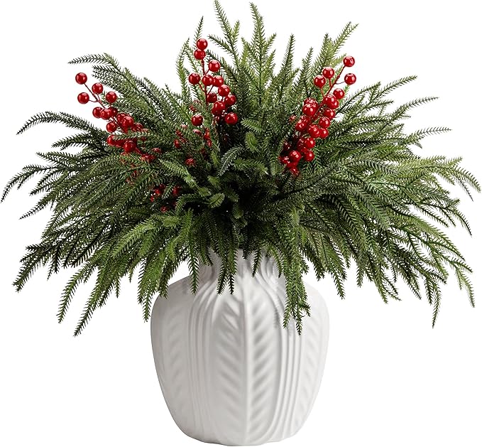 15 Pcs Christmas Norfolk Pine Branches with Red Berry Stems, 19" Extra Long Fake Greenery Norfolk Pine Stems Sprigs, Artificial Xmas Branches Plants Pine Leaves for DIY Craft Garland Home Decor