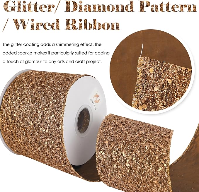 HUIHUANG Copper Wired Ribbon 4 inch Glitter Christmas Wired Ribbon Diamond Mesh Wire Ribbon for X-mas Tree Decorations, Wreaths, Garland, Large Bows Making, Thanksgiving Fall Decor -10 Yards