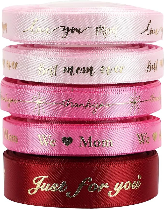 MEEDEE Pink Ribbon for Gift Wrapping Thank You Just for You Ribbon Mothers Day Gift Box Double Face Satin Assortment Thin Pink Satin Fabric, 5 Rolls 10 Yards Each Total 50 Yards