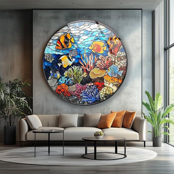 My Photostation.com 39,4''(100cm) Diameter Coral Reef Mosaic Round Glass Wall Art Tempered Glass Printing Wall Decor Large Wall Art Wall Hangings