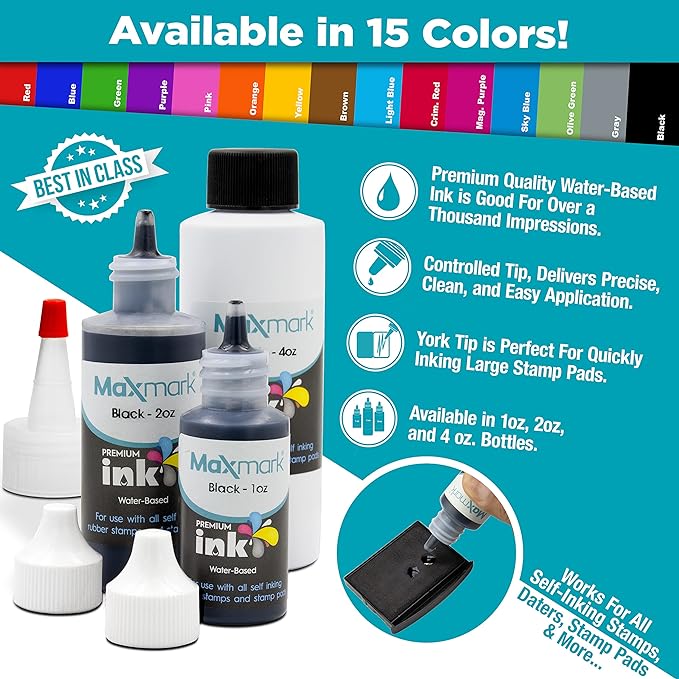 MaxMark Premium Refill Ink for self Inking Stamps and Stamp Pads, Crimson Red Color - 2 oz.