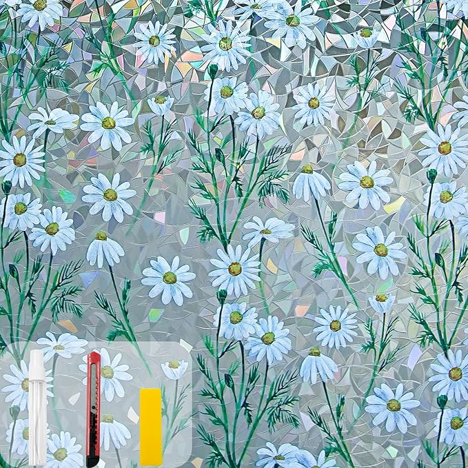 Window Privacy Film Stain Glass Window Film Rainbow Window Film Window clings Non-Adhesive Reusable Decorative for Room (Daisy Rainbow, 35.4 x 157.4 in)