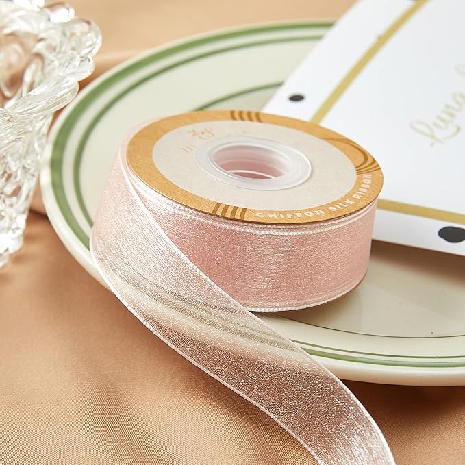 1 Inch Wide Sheer Chiffon Ribbon - Pearl Silk Woven Ribbon Suitable for Gift Wrapping, Wedding Decor, Home Decor, Girl Hair Accessories Handmade DIY (25 Yards/roll) (Baby Pink)