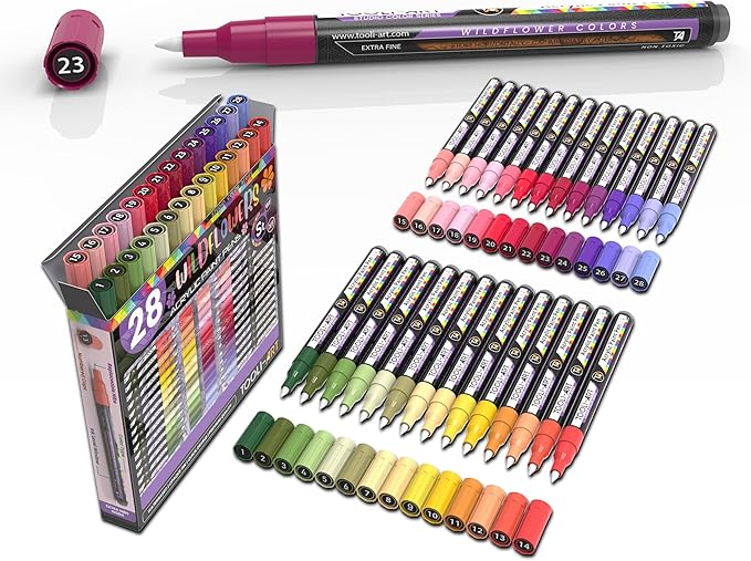 28 Wildflower Colors Acrylic Paint Pens Studio Color Series Markers Set 0.7mm Extra Fine Tip, Rock Painting, Glass, Mugs, Wood, Metal, Canvas, DIY, Detailing. Non Toxic, Waterbased, Quick Drying