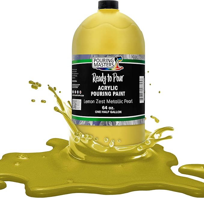 Pouring Masters Lemon Zest Metallic Pearl Ready to Pour Acrylic Pouring Paint - Premium 64-Ounce Pre-Mixed Fluid Acrylic Paint - Fluid Art Supplies for Canvas, Wood, Paper, Tile & Rocks