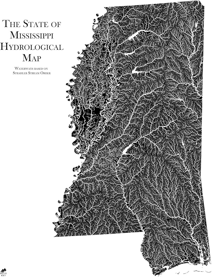 Muir Way Hydrological River Map of Mississippi - Watershed Topographic Wall Art for Home, Office, or Travel Decor - Unframed Flat Paper Print, 18x24