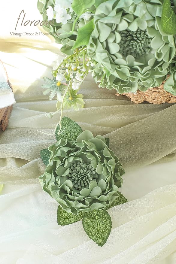Floroom Artificial Flowers 16pcs 4" Elf Green Blooming Peonies Real Looking Foam Fake Peony with Stems for DIY Wedding Bouquets Sage Green Bridal Shower Centerpiece Floral Arrangement Table Decoration