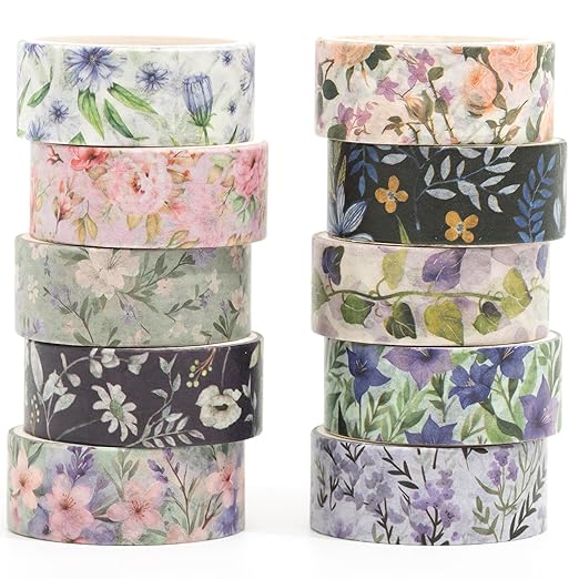10 Rolls Blooming Flowers Washi Tape Set Floral Arts Adhesive Tapes Colorful Garden Decorative Masking Tape Sets for Craft, Kids, Scrapbook, DIY, Gift Wrapping (4-Purple)