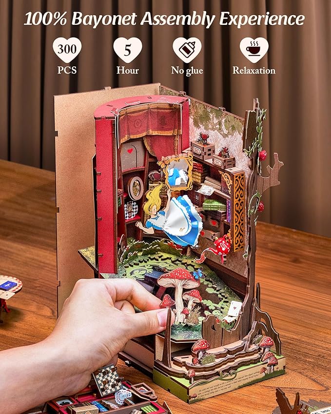 ROBOTIME Book Nook Kit, Fairy Tale Princess DIY Miniature House Kit, Fall into Wonder 3D Wooden Puzzle Bookends, Tiny House Bookshelf Decor Creative Decorative Unique Gifts for Adults & Teens