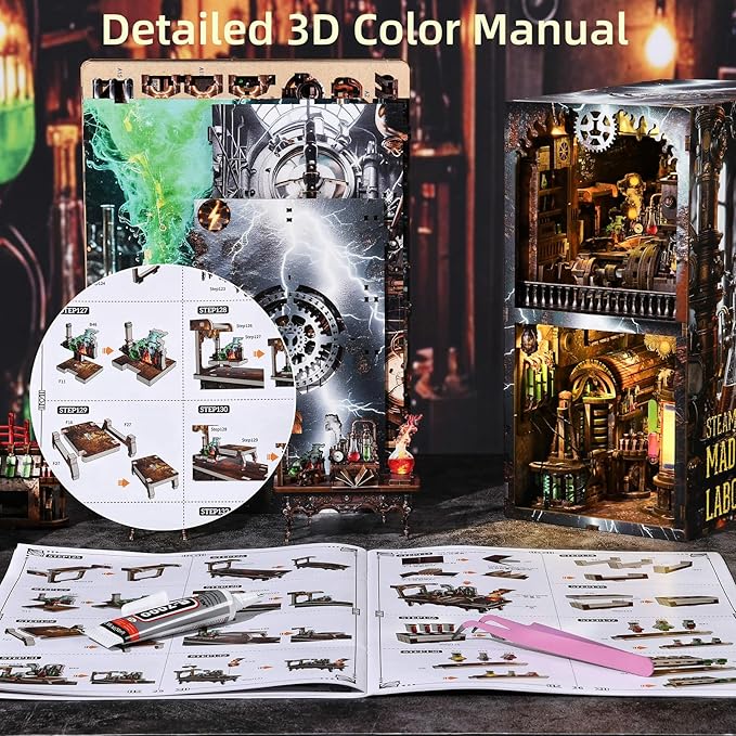 Book Nook Kit - DIY Miniature House Dollhouse Kit for Adults and Teens, Steampunk Booknook Tiny House Bookshelf Decor 3D Wooden Puzzle (Mad Scientist Lab)