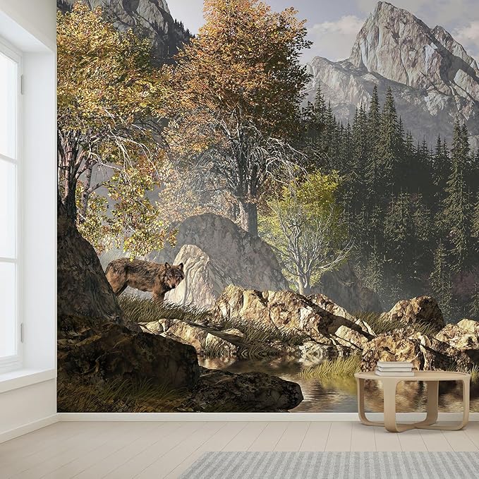 wall26 Wolf Near a Lake in a Rocky Mountain Landscape. Removable Wall Mural | Self- 132x168 inchesAdhesive Large Wallpaper - 132x168 inches