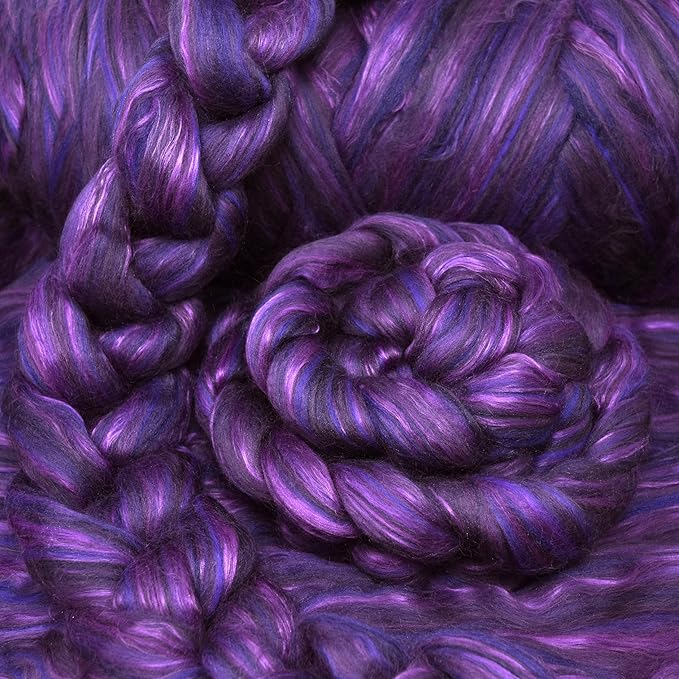 Merino Silk Luxe Tonal Designer Blend. Superfine Merino, Mulberry Silk, Tussah Silk. Top Roving for Spinning or Felting. Regal Amethyst 1oz