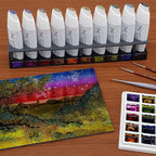 Artfinity Alcohol Ink Devastating Beauty Set of 10 Colors (25 ml) with Free Acrylic Stand - for Painting or Alcohol Marker Refill Ink, Acid-Free, Fast-Drying, Permanent, Transparent, Swatch Template