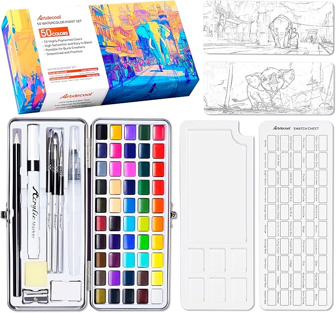 Watercolor Paint Set, 50 Colors, 4 Brushes, 3 Swatch Cards, Palette, Acrylic Marker Pen, and Accessories Included, All in One Portable Travel Watercolor Kit, Art Supplies Gift for Kids, Adults, Artists, and Hobbyists