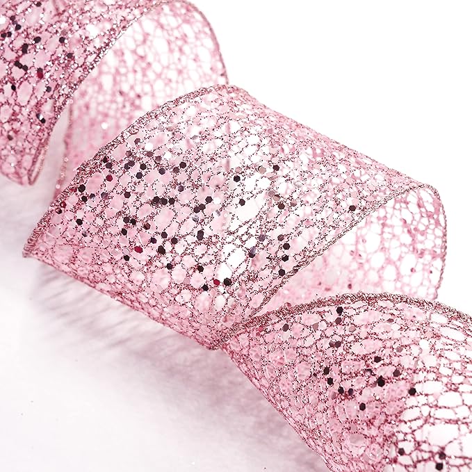 CT CRAFT LLC Sparkling Glitter Mesh Wired Ribbon 2.5" x 10 Yards Rose Gold for Christmas Home Decor Bow Gift Wrapping DIY Crafts Wreath