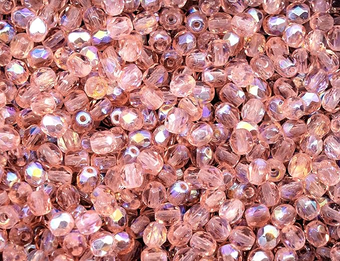 1.8oz (50g, Approx. 600 Beads) Faceted Fire Polished Pressed Czech Glass Beads 4mm (0.16in), 70120-28701 Pink Rosaline AB