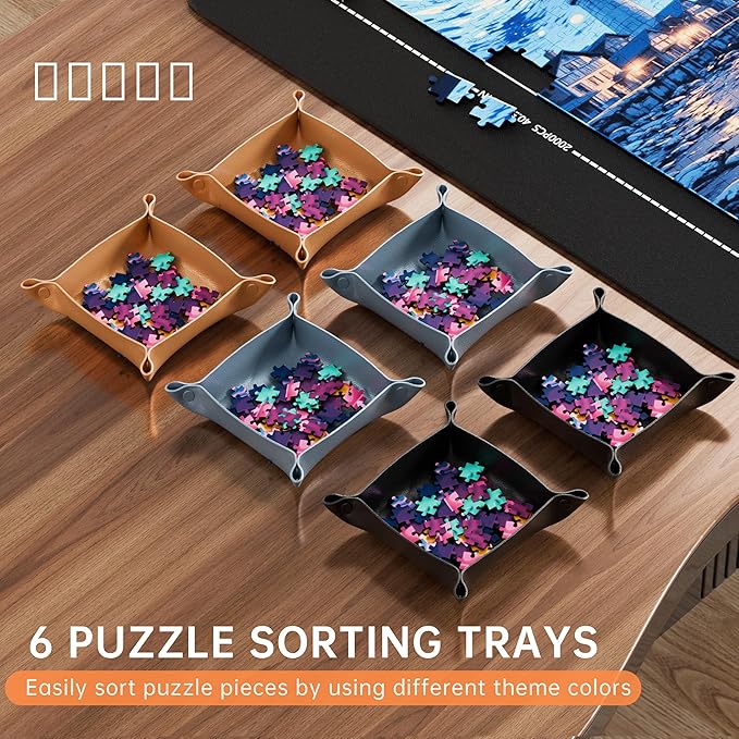 Lwoeo Jigsaw Puzzle Mat Roll Up, Black Rubber 53.3” x 35” Smooth Top Saver Pad Up to 3000 Pieces，Large Puzzle Matt Rollup with 6 Sorting Trays & 1 Storage Bag for Sorting Table, Board, Frame Mats