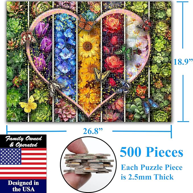 Think2Master Colorful Flowers Succulents & Butterflies 500 Pieces Large Format Jigsaw Puzzle for Kids 12+, Teens, Adults & Families. Beautiful Vibrant Heart Valentine's Day Illustration 26.8” X 18.9”