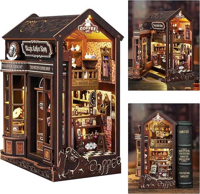ISSEVE Book Nook Kit - DIY Miniature Dollhouse Booknook for Adults Teen, 3D Wooden Puzzle Tiny House Kit Bookshelf Decor, Gifts for Men Women Halloween Christmas Birthday (Coffee Shop)