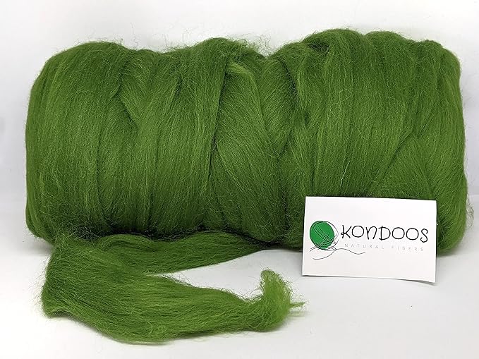 Kondoos Colored Natural wool roving, 1 lb. Best wool for needle felting, wet felting, handcrafts and spinning. (Grass green, 1 lb)