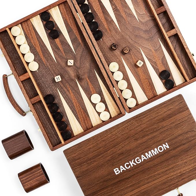 ropoda Sapele Wood Backgammon Board Game Set (15 Inches) for Adults and Kids - Classic Board Strategy Game - Portable and Travel Backgammon Set with Wooden Playing Pieces and Accessories