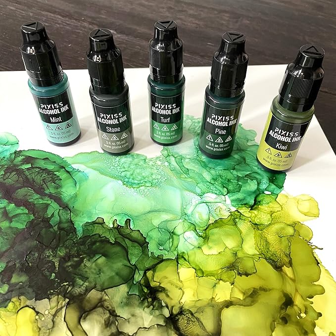 Pixiss Green Alcohol Ink Set - 5 Shades of Highly Saturated Alcohol Ink for Epoxy Resin Supplies, Yupo Paper, Tumblers, Coasters - Resin Colorant for Epoxy Resin and Resin Art Supplies