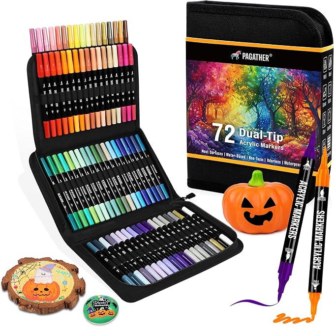 72 Colors Acrylic Paint Markers, Dual Tip with Fine Tip and Brush Tip Pens for Stone, Wood, Calligraphy, Canvas, Ceramic, Metal, Glass, Rock Painting, DIY Crafts Art Supplies Kit