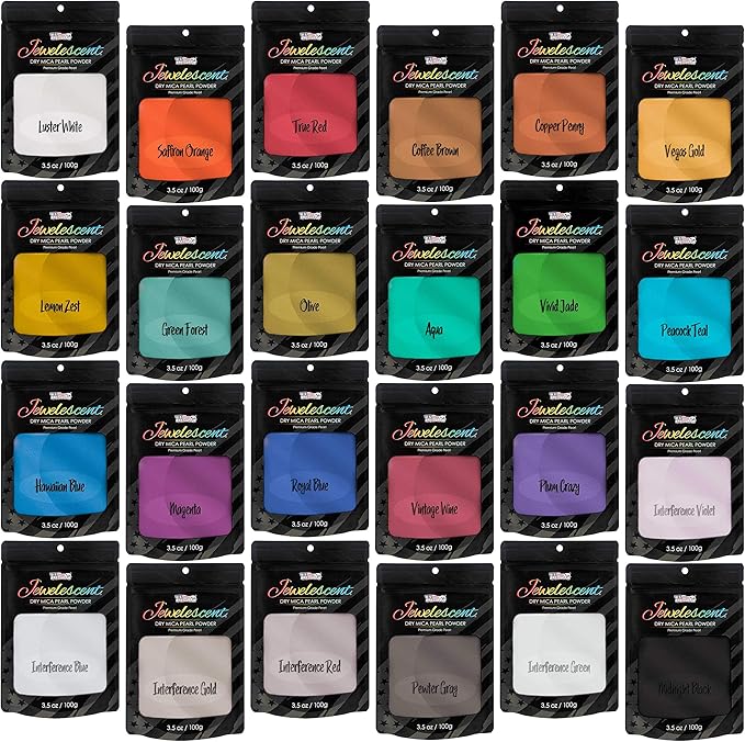 U.S. Art Supply Jewelescent Mica Pearl Pigment Powder Kit, 24 Master Colors, 3.5 oz (100g) Pouches - Cosmetic Grade, Epoxy Resin Color Pigment, Mica Powder for Resin, Soap, Slime, Candle Dye, Art