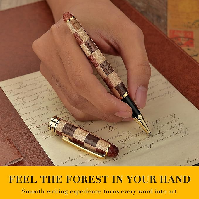 BEILUNER Luxury Wood Ballpoint Pen Writing Set, Chess Style - Elegant Fancy Nice Gift Pen Set for Signature Executive Business Office Supplies - Gift Boxed with Extra Refills (Black)
