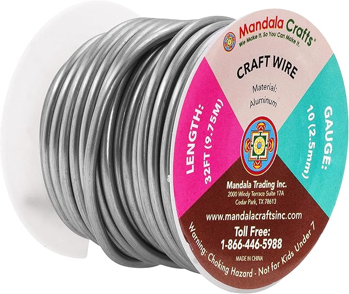 Mandala Crafts 10 Gauge Anodized Aluminum Craft Wire for Jewelry Making - 32 FT Colored Flexible Gray Wire - Bendable for Bonsai Armature Crafting Sculpting