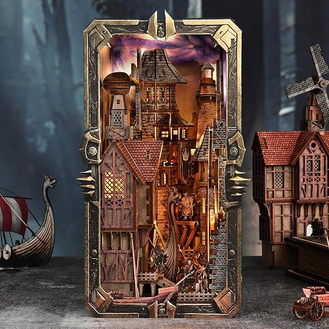 Book Nook Kit - DIY Miniature House Dollhouse Kit for Adults and Teens, Medieval Fantasy Viking Theme Bookshelf Decor 3D Wooden Puzzle Bookend, Gifts for Family, Friends (Voyage Through The Storm)