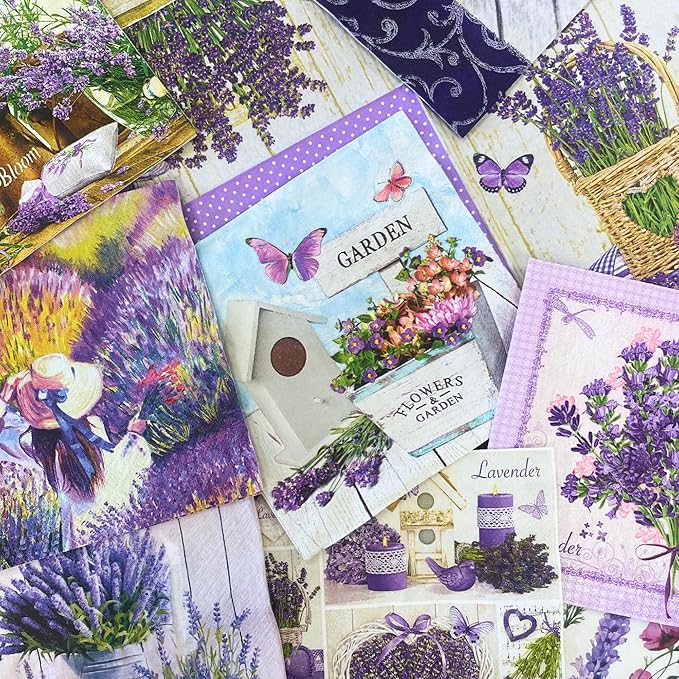 Mystery Pack Decoupage Paper Napkins, 20-ct Assorted Surprise Napkins, Decorative Napkins Lavender for Art Craft Junk Journal, 20 Different Designs