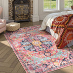 Lahome Bohemian Floral Medallion Area Rug - 4x6 Hot Pink Entryway Rug Soft Laundry Room Mat, Non-Slip Machine Washable Nursery Accent Carpet for Dorm Department Kitchen Office, Fuchsia/Multi