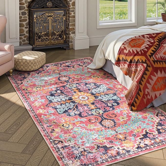 Lahome Bohemian Floral Medallion Area Rug - 4x6 Hot Pink Entryway Rug Soft Laundry Room Mat, Non-Slip Machine Washable Nursery Accent Carpet for Dorm Department Kitchen Office, Fuchsia/Multi