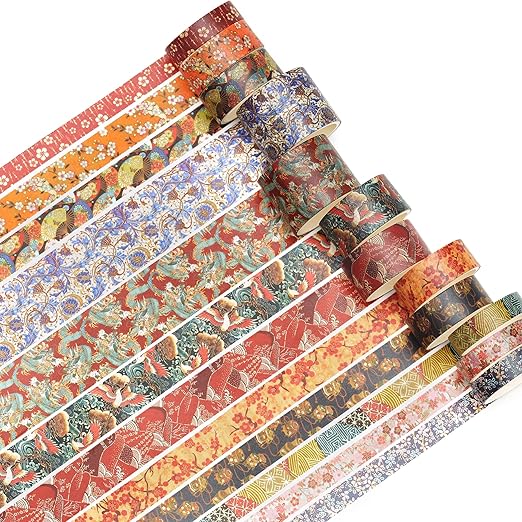 12 Rolls Kyoto Charm Washi Tape Set Japanese Arts Adhesive Tapes Geometric Garden Decorative Masking Tape Sets for Craft, Kids, Scrapbook, DIY, Gift Wrapping (Floral Bird)