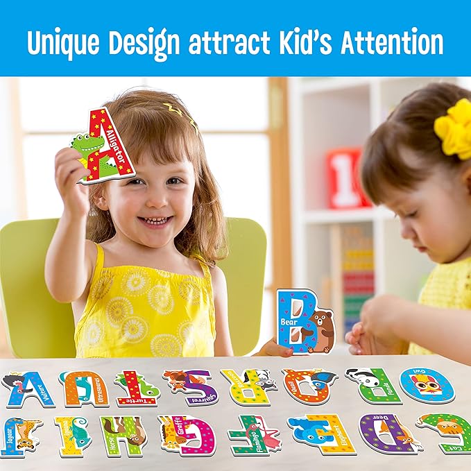 26 Magnetic Alphabet, Uppercase Letters with Adorable Zoo Animal Alphabet ABC Fridge Magnets Educational Spelling Learning Games Toys Set for Kids, Toddlers 3 4 5 Years Old